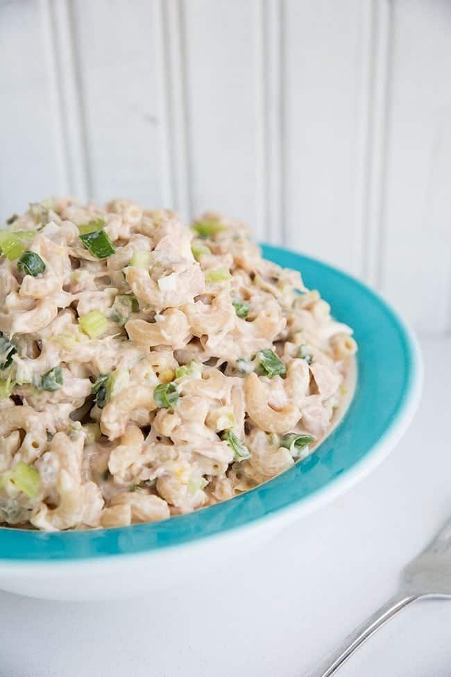 close up of Retro Tuna Macaroni Salad in a blue Pyrex Bowl