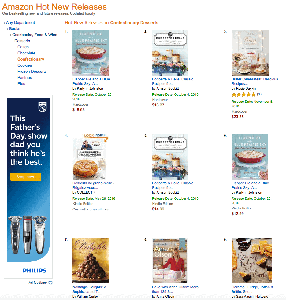 Flapper Pie & A Blue Prairie Sky Cook Book in the Amazon Hot New Releases List