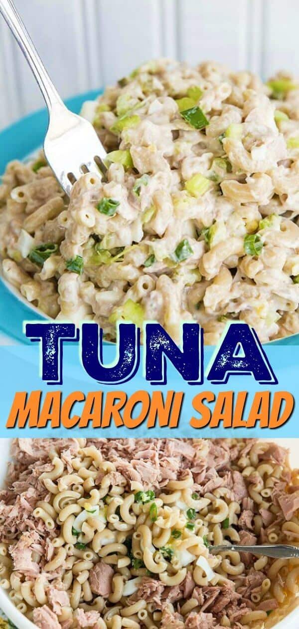 Retro Tuna Macaroni Salad just like mom used to make, fast , easy and delicious! My secret is to add pickles to give it a great tangy taste! #tuna #fish #seafood #salad #macaroni #pasta #picnic #wholewheat #healthy #pickles #celery #pastasalad