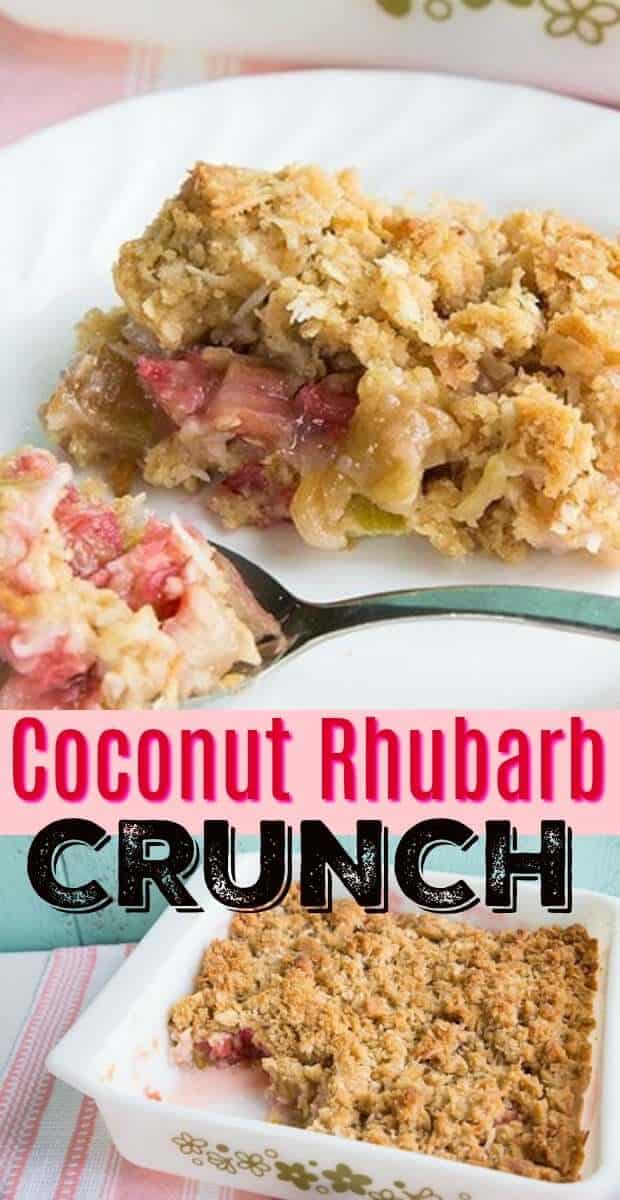 This rhubarb recipe, Rhubarb Crunch with coconut- this sweet and sour crunch ( like a rhubarb crisp but crunchier!) will soon become a new spring and summer favourite! #rhubarb #recipe #spring #summer #BBQ #picnic #dessert #coconut #baking 