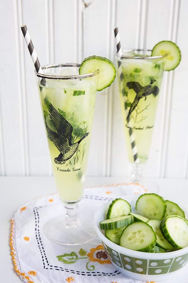 close up of Cucumber Mint Gin Fizz garnish with cucumber slices