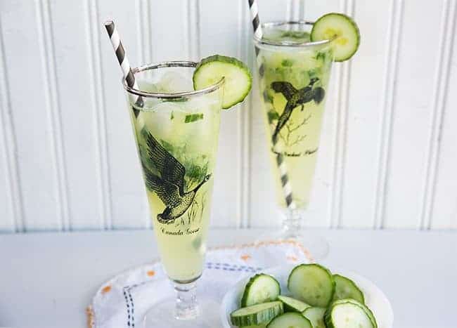 Tom Collins Glasses with Cucumber Mint Gin Fizz garnish with cucumber slices