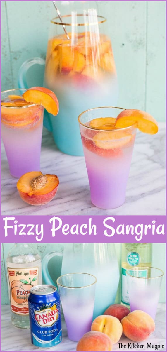 I'm warning you, once you try this Fizzy Peach Sangria, you will be ruined for ALL other sangria's ever again! Sweet, peachy and bubbly, this is your new favorite cocktail for the summer! #cocktail #peaches #sangria