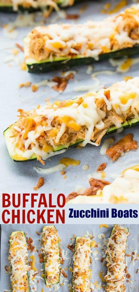  Cheesy Buffalo Chicken Zucchini Boats! Buffalo chicken mixed with ranch dressing then baked in cheese topped zucchini! Low carb & gluten free! #keto #lowcarb #zucchini