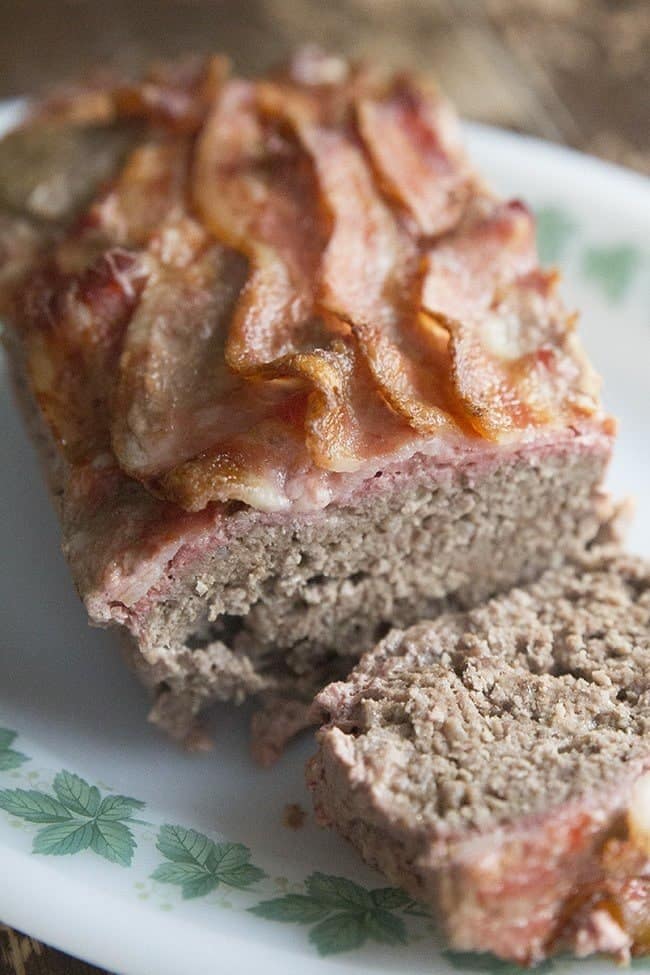 Close up of Sliced Bacon Topped Mozza Meatloaf