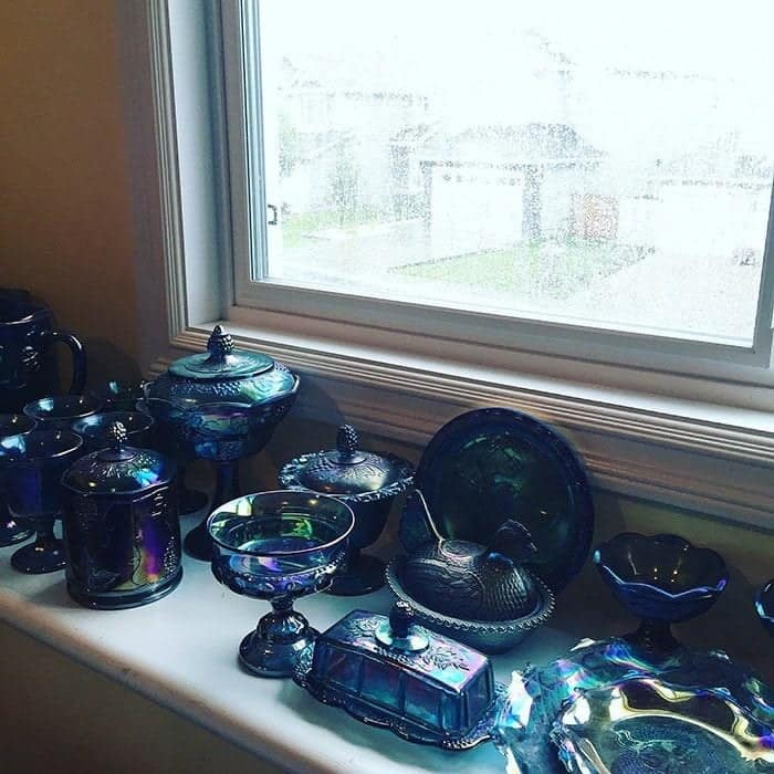 view from room window, collection of beautiful blue carnival glass