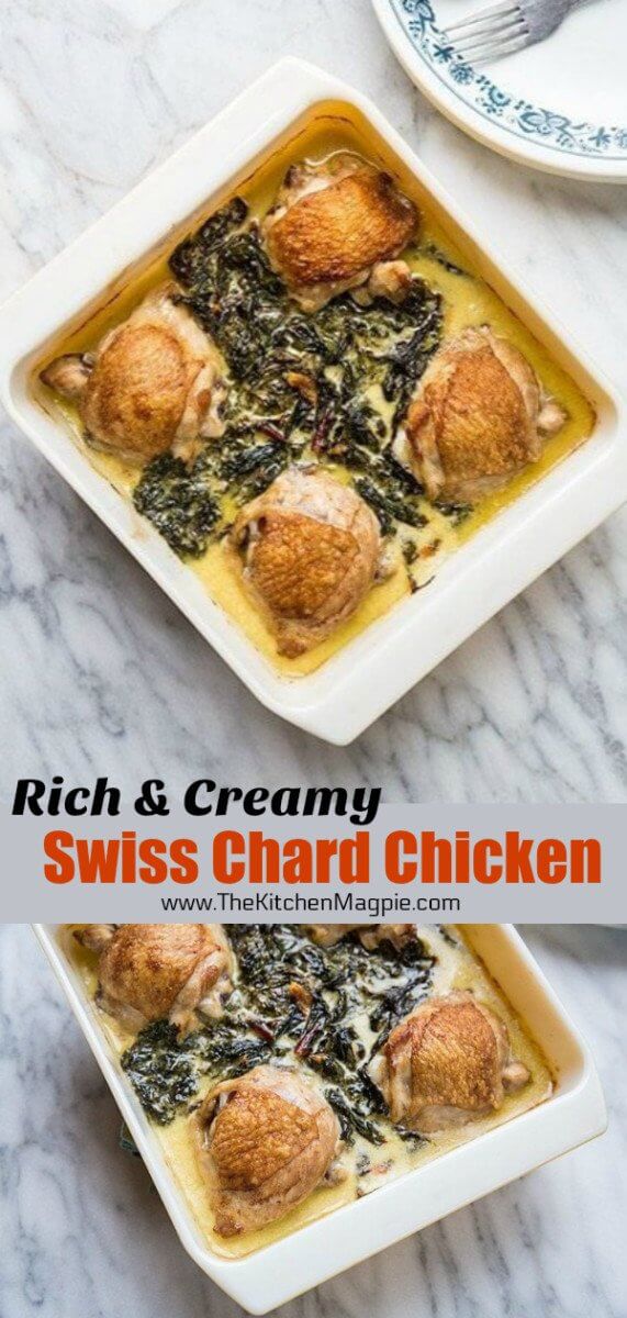 Creamy Garlic Swiss Chard Chicken- the delicious way to eat your greens and bake chicken thighs in a creamy Parmesan garlic sauce. #chicken #chickenthighs 