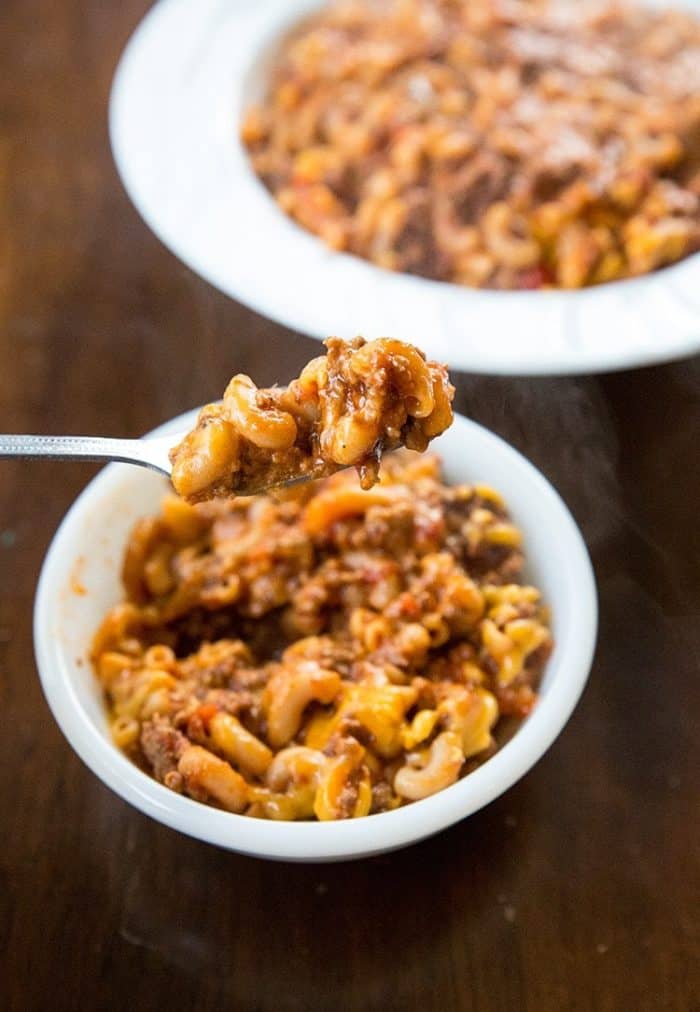 a fork with Classic American Goulash in white side plate 