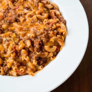 Classic American Goulash in a white large serving plate