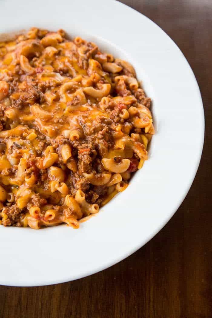 Classic American Goulash in a large white bowl