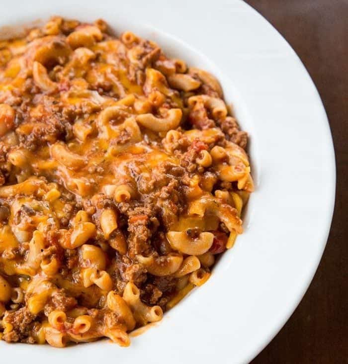 Classic American Goulash in a white large serving plate 