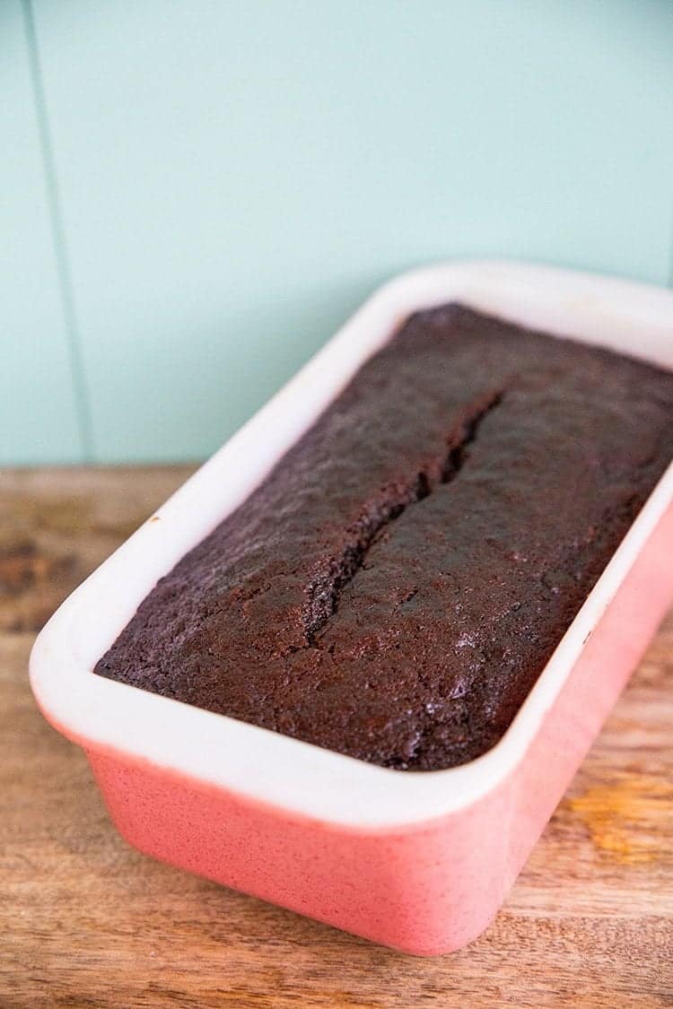 freshly baked Banana Gingerbread Loaf in a pink loaf pan