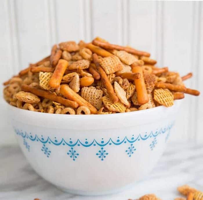 white bowl full of Homemade Nuts and Bolts