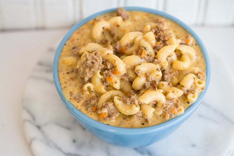 a bowl of Crock Pot Macaroni Cheeseburger Soup