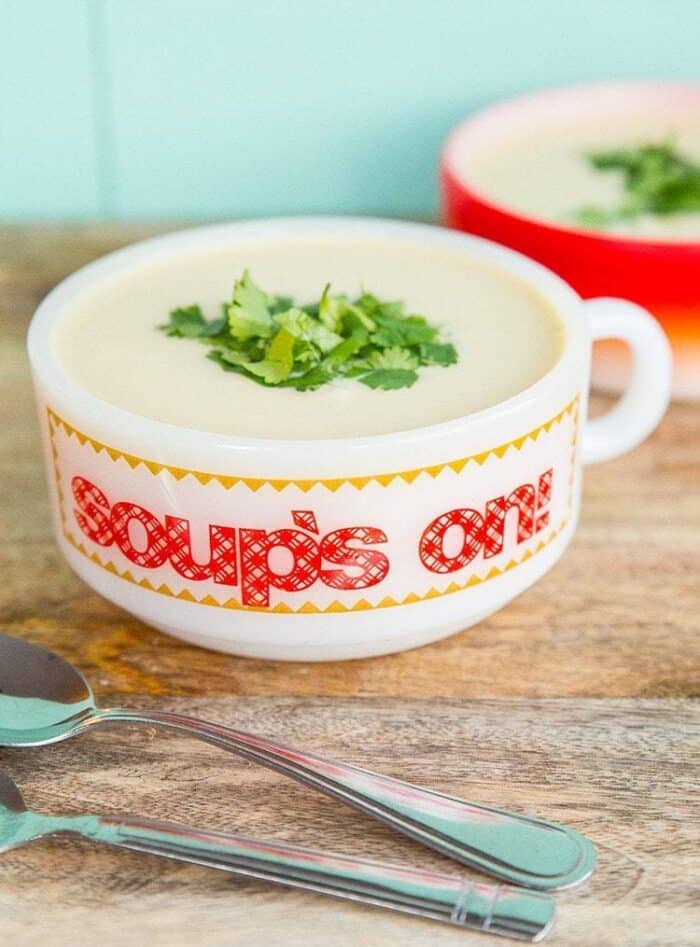 Potato Leek Soup in a red and white bowl with parsley garnish and spoons on a wooden board