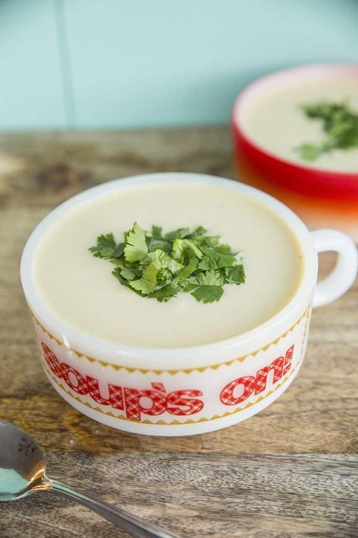 Close up of the top of a bowl of Potato Leek Soup with parsley garnish