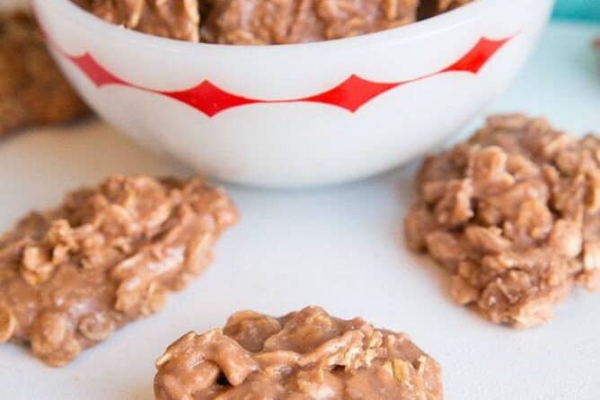 Close up of Chocolate Peanut Butter Oatmeal Cookies in a bowl and around it