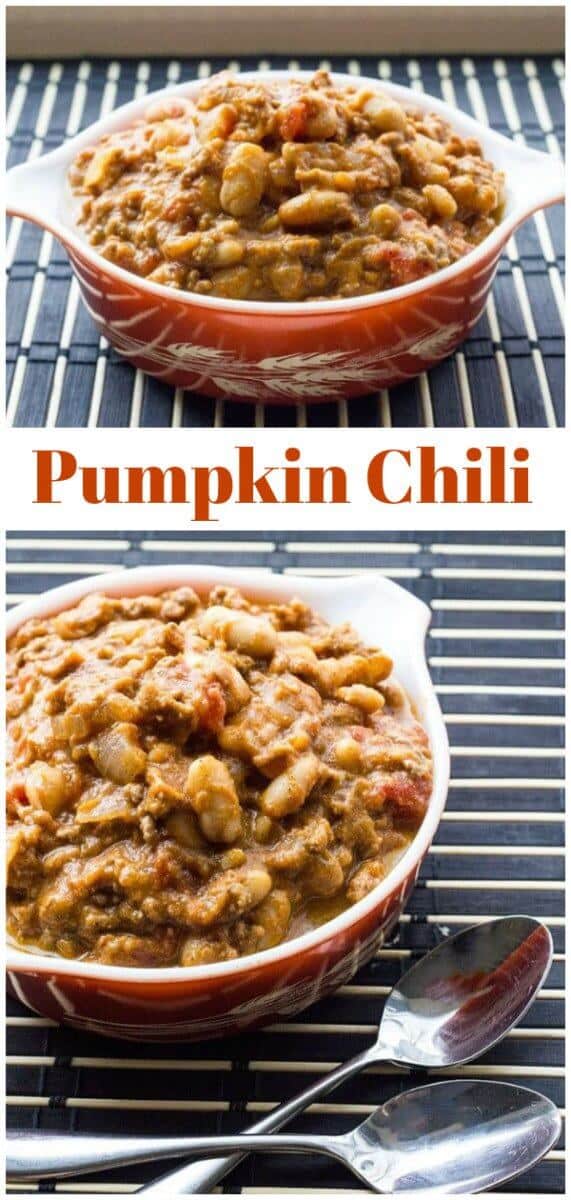 This White Bean Pumpkin Chili will soon become a new family favourite! Use turkey or ground beef in it, the choice is yours. #pumpkin #chili