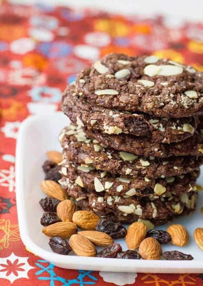 Chewy Chocolate Raisin Cookies with crushed almonds