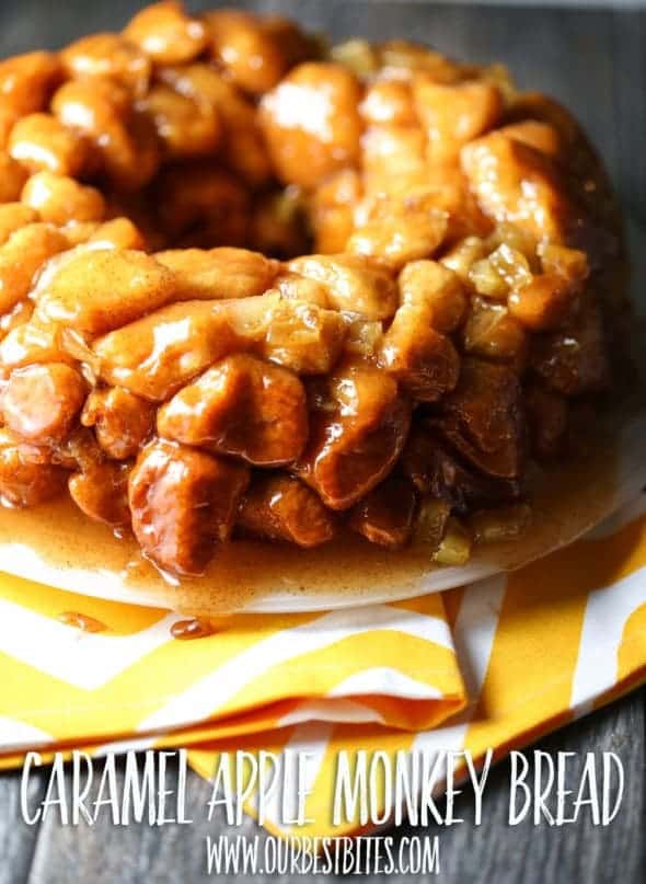 yellow kitchen cloth underneath a plate with Caramel Apple Monkey Bread