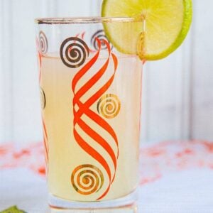 Close up glass of a Gin Gimlet garnish with a slice of lime on white background