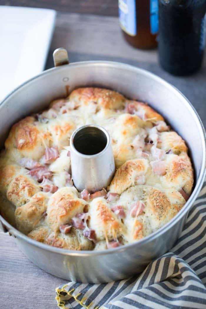 Ham & Swiss Monkey Bread in angel cake pan