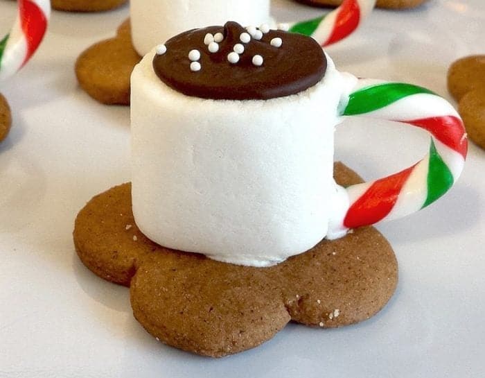 little Cup of Hot Cocoa Cookies - Marshmallows, gingersnaps, candy cane, melted chocolates and sprinkles