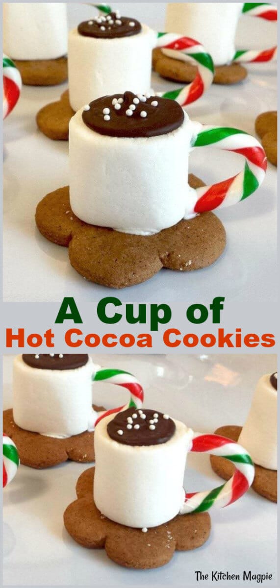 How to make adorable Hot Cocoa Cookies! These cookies look like a cup of cocoa on top of a gingersnap cookie! #christmas #cookies #gingersnaps