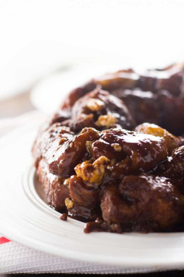 close up Nutella and Cream Cheese Stuffed Monkey Bread in a white plate