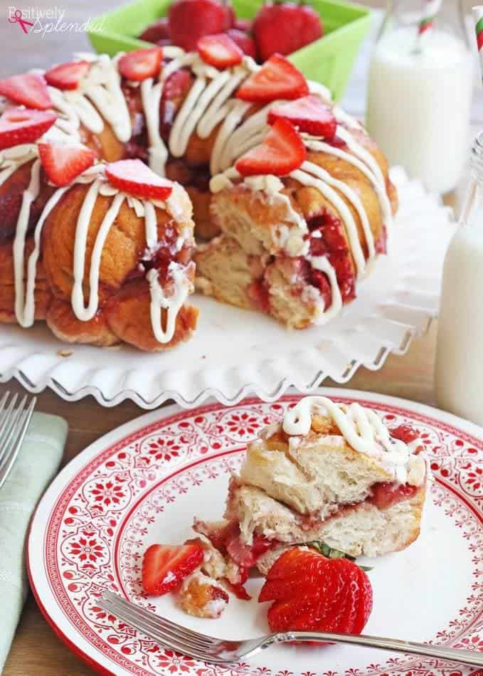 Strawberry & Cream Cheese Monkey Bread in a white plate ready to be enjoy!