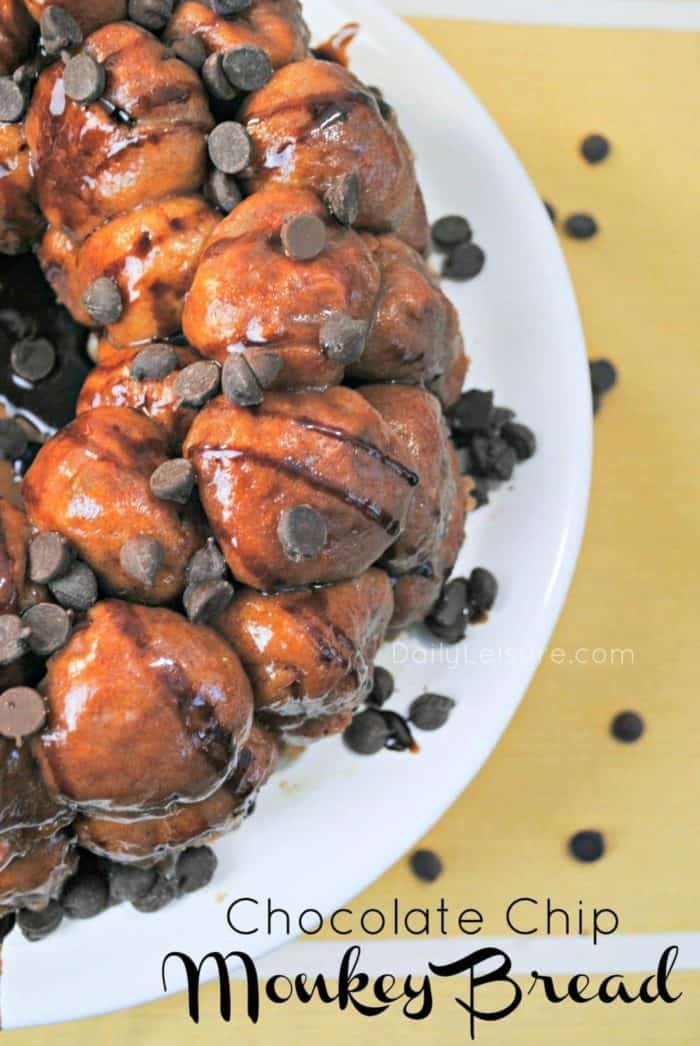 close up Chocolate Chip Monkey Bread in a white plate