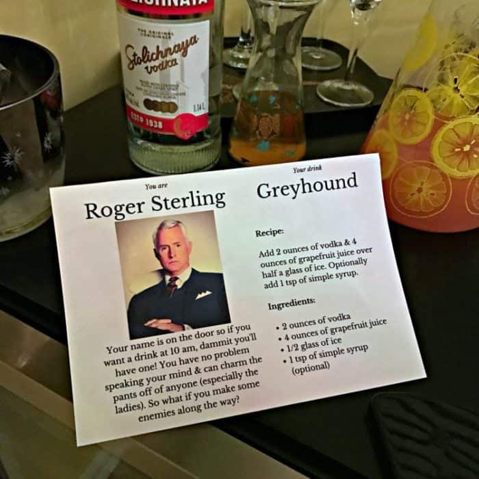 a card with Roger Sterling's profile and the ingredients of Classic Greyhound cocktail