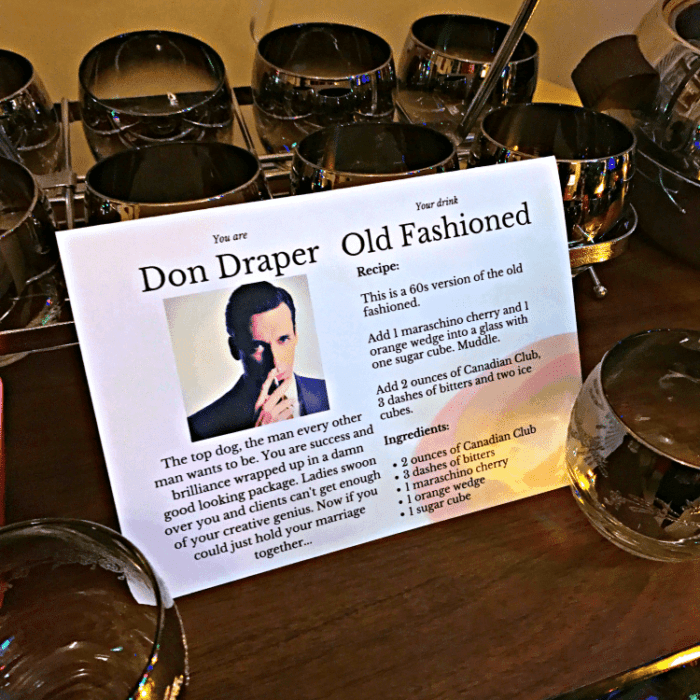 A card with Don Draper details, round short cocktail glasses around