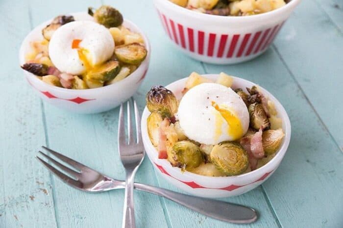 Roasted Brussels Sprouts, White Sweet Potato & Bacon Goal Bowls, two forks on the side