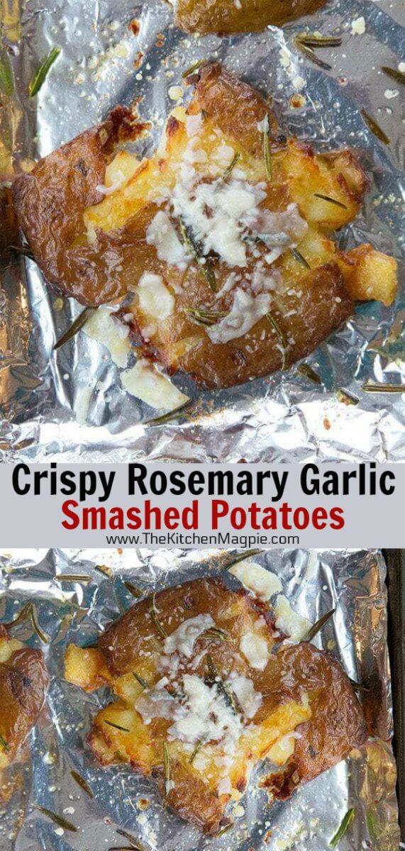 Crispy garlic and rosemary smashed potatoes recipe, with a touch of Parmesan cheese baked on top. The perfect smashed potatoes! #potatoes #bakedpotatoes #smashedpotatoes