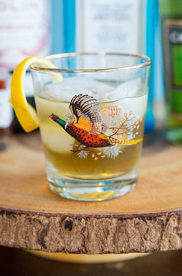 Close up of Bijou Cocktail in Pheasant glass garnish with twisted lemon peel