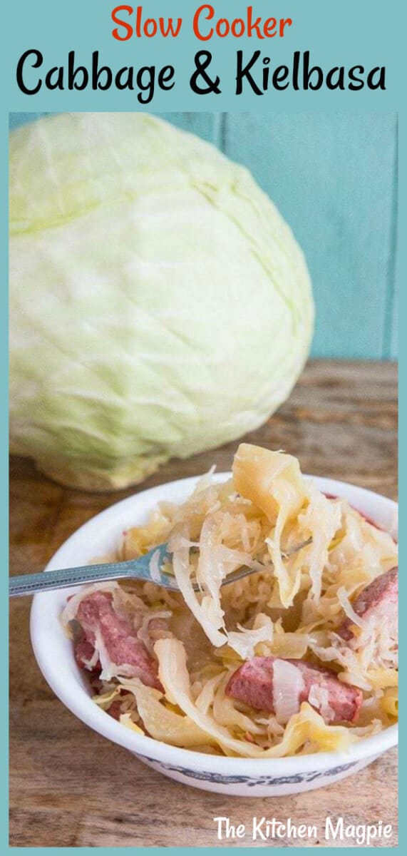 Kielbasa Kapusta is a simple Ukrainian dish made from garlic sausage and cabbage - easy, healthy and hearty! #lowcarb #cabbage #sausage #slowcooker