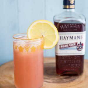 a glass of Sloe Gin Fizz garnish with a slice of lemon, a bottle of Hayman's brand sloe gin at the back