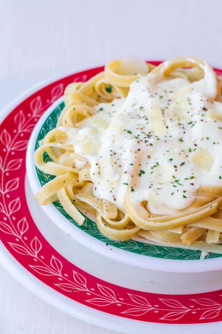  Alfredo Sauce on fettuccine noodles in a plate with green prints
