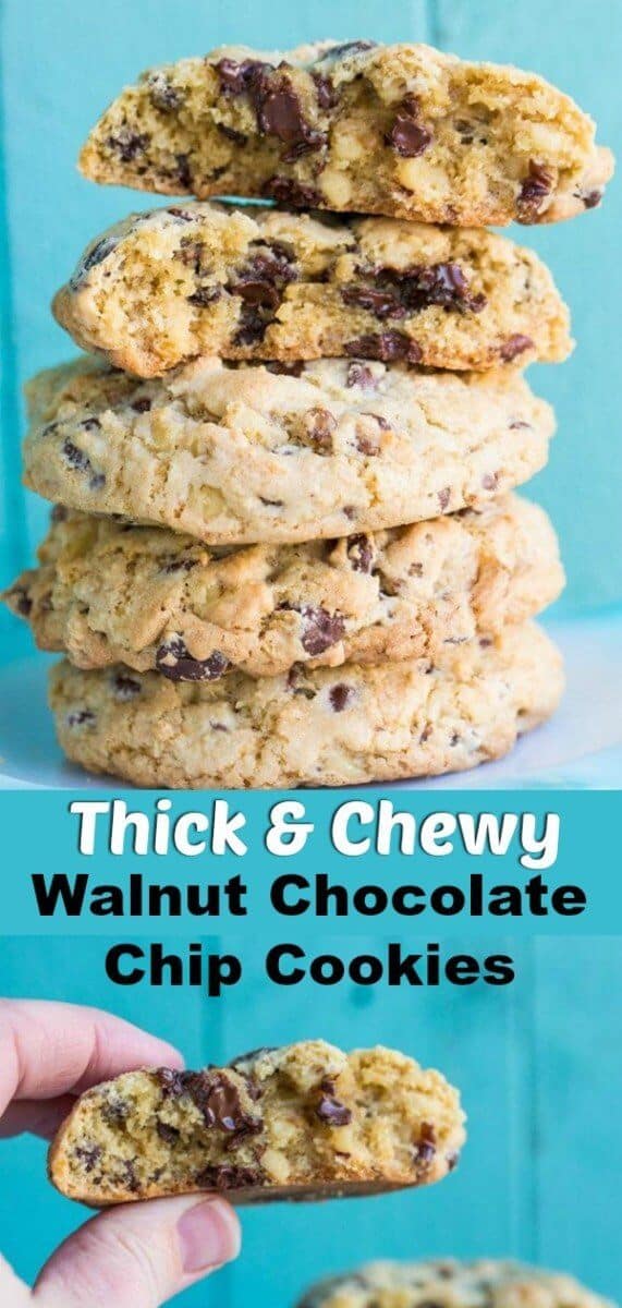  These chunky chocolate chip cookies are loaded to the brim with old-fashioned walnut goodness and are the perfect chocolate chip cookie in my humble opinion! #cookies #chocolatechipcookies