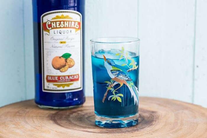 Bluebird Cocktail on a glass with blue bird print, a bottle of Blue Curacao on background