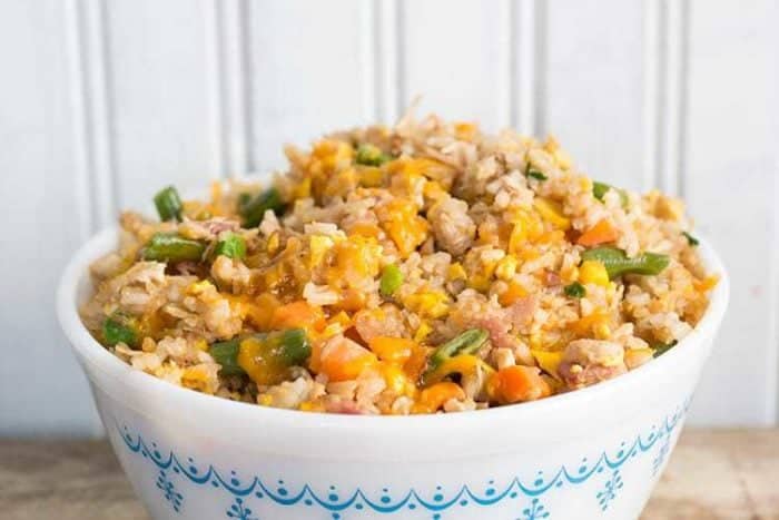 Fried Rice in a white bowl topped with green onions and cheese