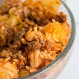 Close up Cabbage Roll Casserole in a clear large bowl