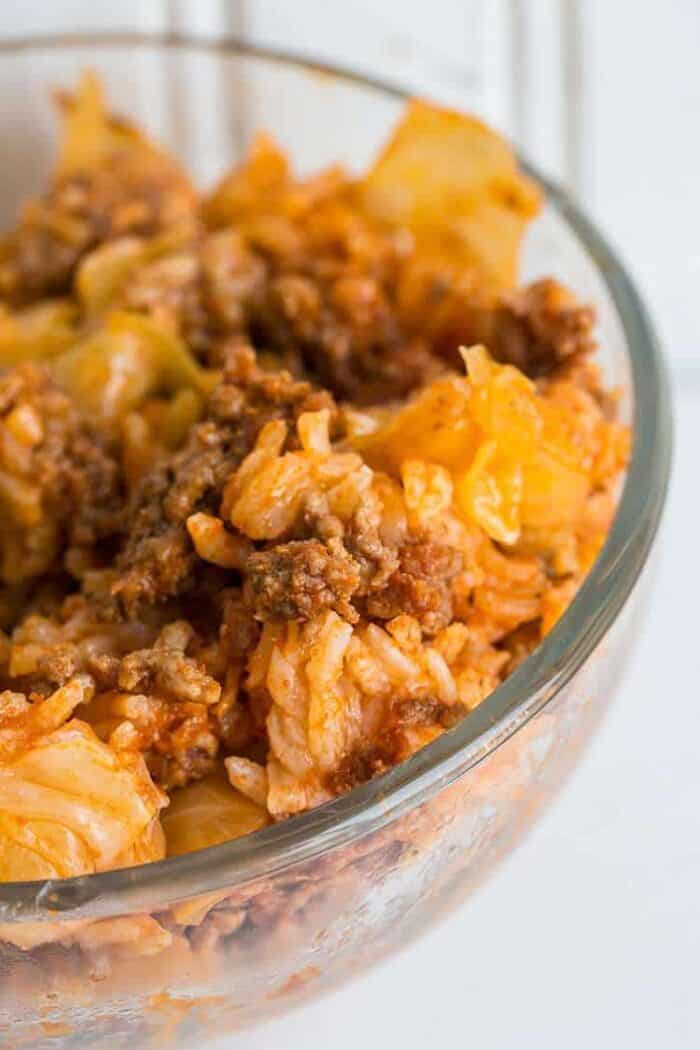 close up of Lazy Cabbage Roll Casserole in a clear bowl