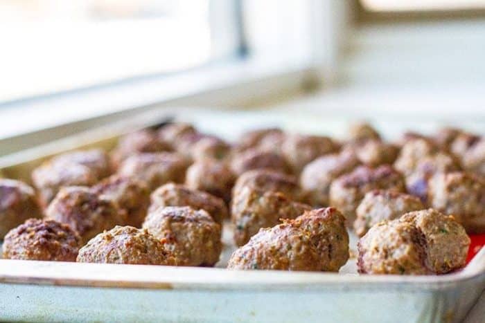 Homemade Meatballs on a baking sheet