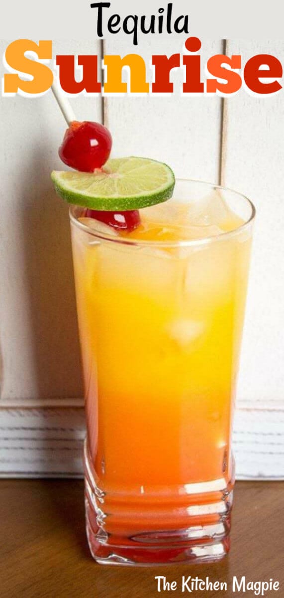 The classic Tequila sunrise combining orange juice, Tequila and grenadine to make a delicious, tropical drink. #tequila #cocktail