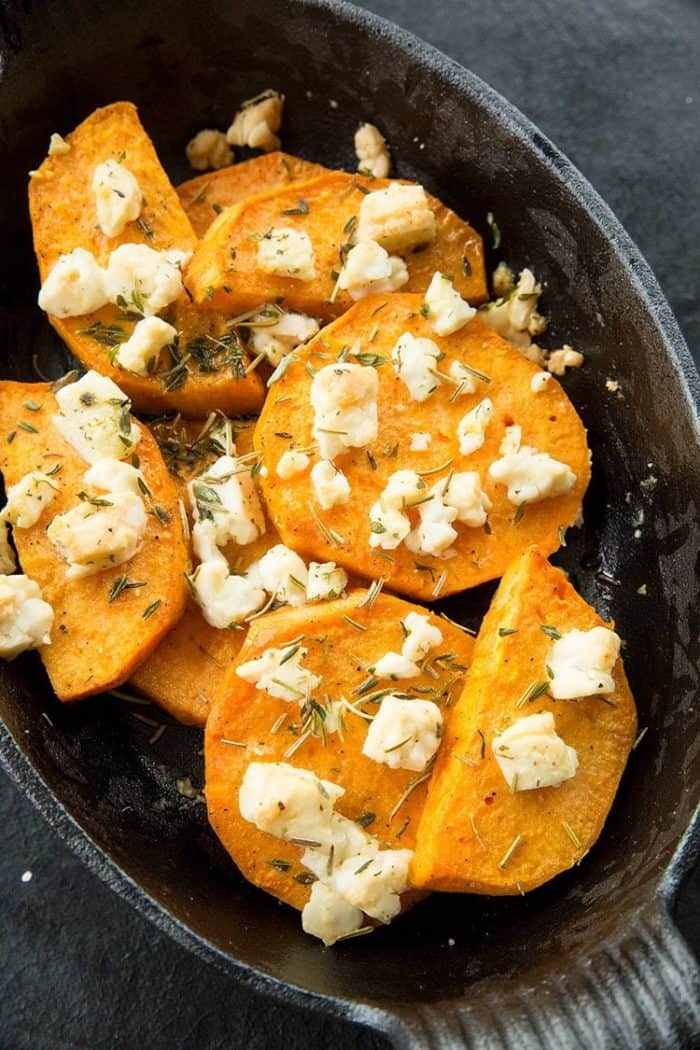 Close up of Baked Herbed Sweet Potatoes & Feta in Large Bowl