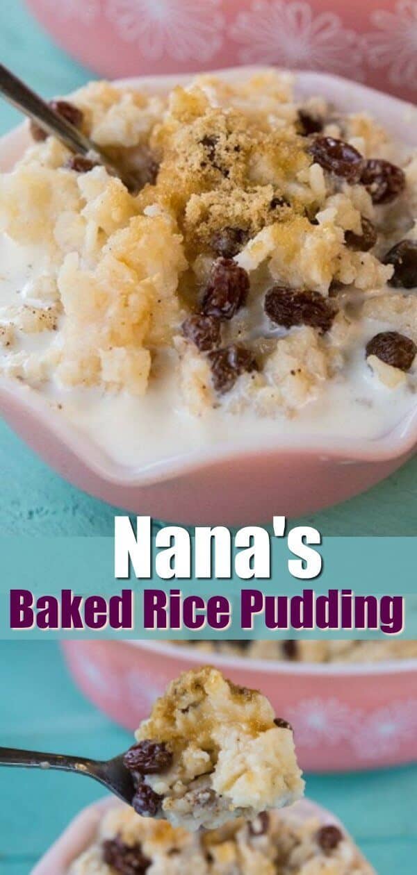 Nana's Baked Rice Pudding recipe! Oven baked and easy to make, this is the best rice pudding recipe! #pudding #rice #ricepudding #dessert #oldfashioned #baking #cooking #recipe #raisins #cinnamon #milk #sweet