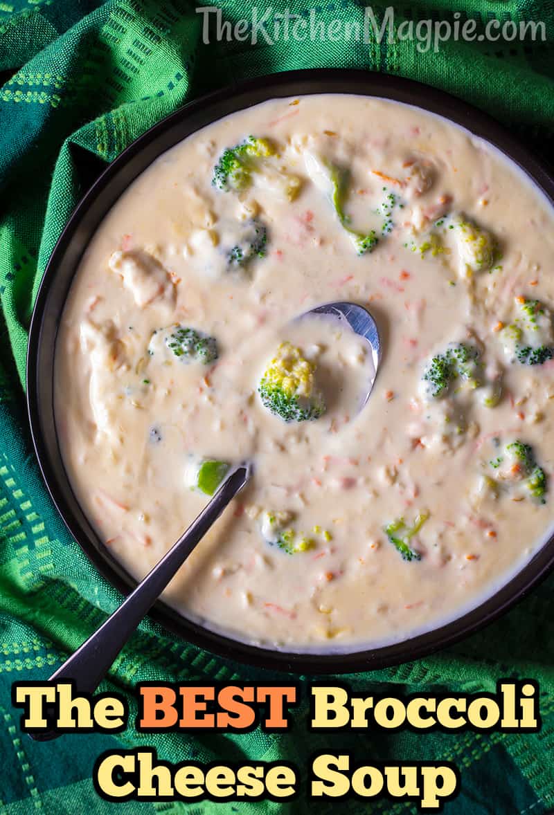 This delicious broccoli cheese soup recipe is made from scratch and is fast, easy, yet so decadent and indulgent the family will love it! #soup #broccoli #cheese