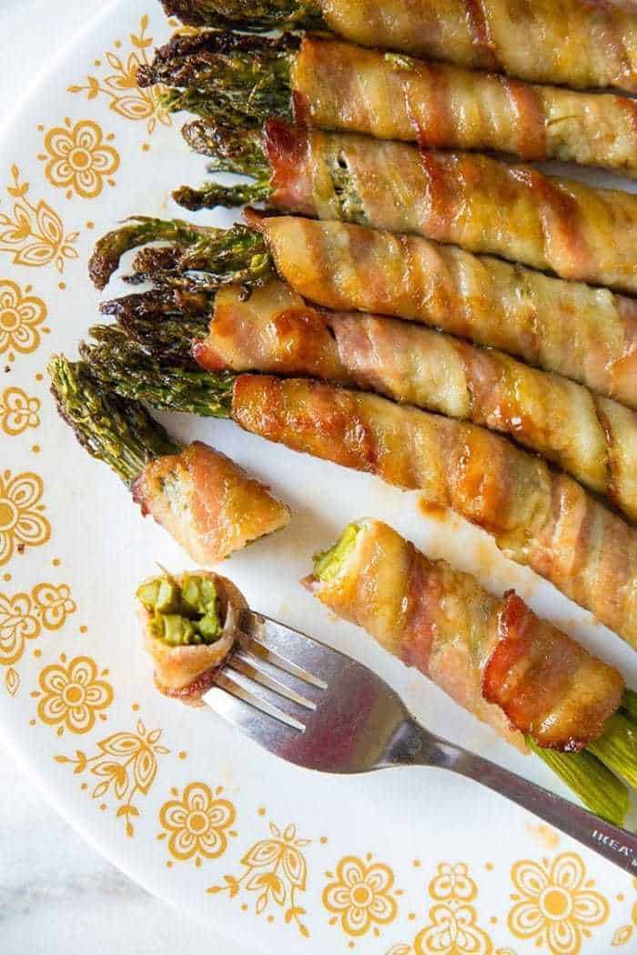  Top down shot of Brown Sugar & Garlic Sauce Bacon Wrapped Asparagus Bundles